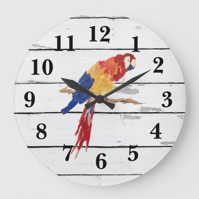 Tropical Bird Painting Shiplap Rustic Decor Large  Clock (Front)