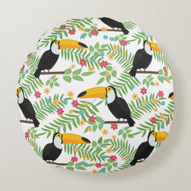 Tropical bird seamless pattern background. Toucan  Round Cushion (Front)