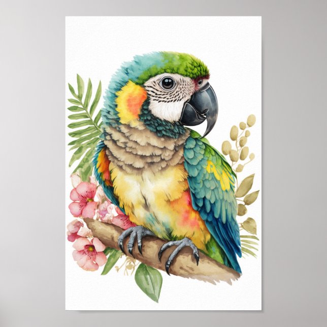 Tropical bird wall art macaw with flowers print  (Front)