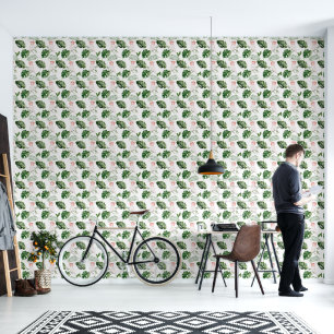 Tropical Birds and Leaves Pink and green Wallpaper