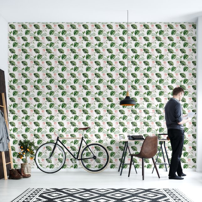 Tropical Birds and Leaves Pink and green Wallpaper (Living Room)