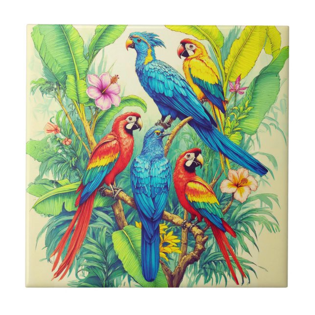 Tropical Birds Botanical Illustration Ceramic Tile (Front)