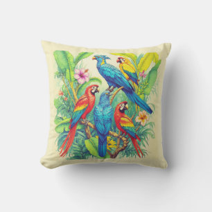 Tropical Birds Botanical Illustration Cushion
