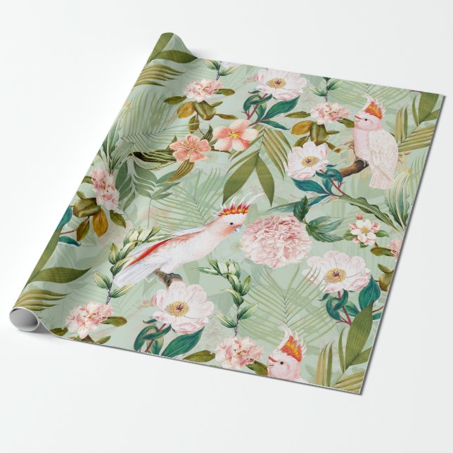 Tropical Birds Cockatoo Jungle Pattern - Green Wrapping Paper (Unrolled)