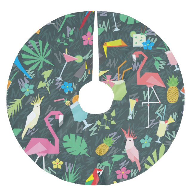 Tropical Birds Drinks: Vibrant Seamless. Brushed Polyester Tree Skirt (Front)