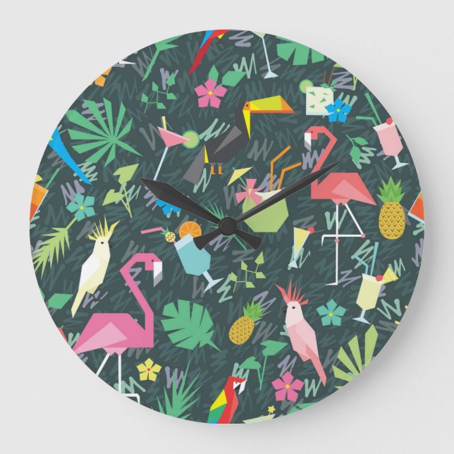 Tropical Birds Drinks: Vibrant Seamless. Large Clock (Front)