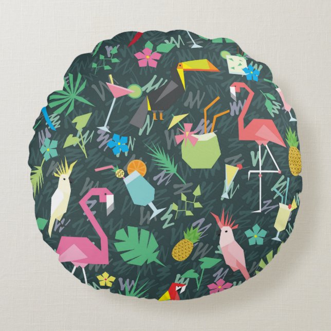 Tropical Birds Drinks: Vibrant Seamless. Round Cushion (Front)