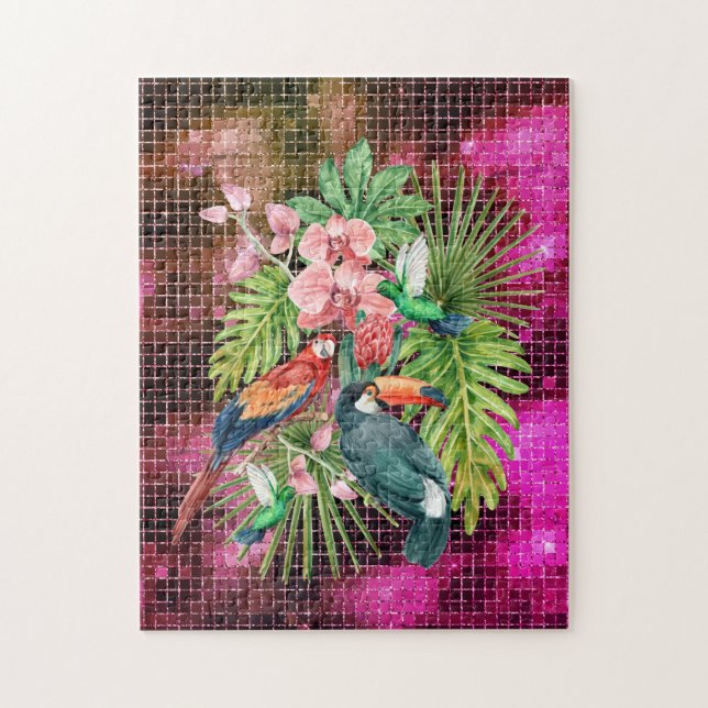 Tropical birds exotic flowers double-sided glam  jigsaw puzzle (Vertical)