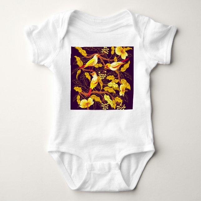 Tropical Birds Exotic Flowers Illustration Baby Bodysuit (Front)
