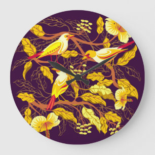 Tropical Birds Exotic Flowers Illustration Large Clock