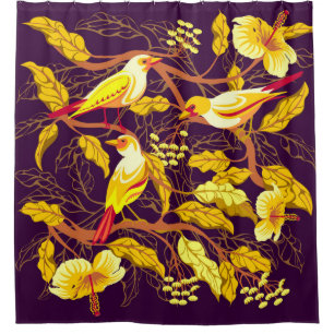 Tropical Birds Exotic Flowers Illustration Shower Curtain