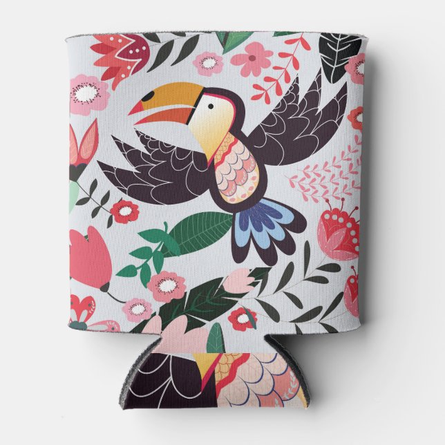 Tropical birds, floral doodle pattern. can cooler (Front)