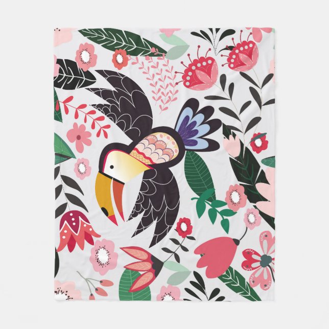 Tropical birds, floral doodle pattern. fleece blanket (Front)
