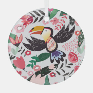 Tropical birds, floral doodle pattern. glass tree decoration