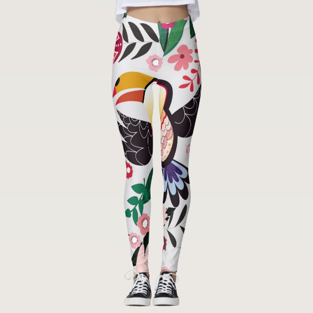 Tropical birds, floral doodle pattern. leggings (Front)