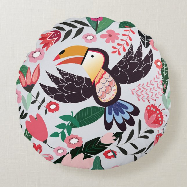 Tropical birds, floral doodle pattern. round cushion (Front)