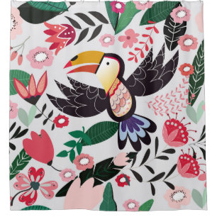 Tropical birds, floral doodle pattern. shower curtain