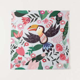 Tropical birds, floral doodle pattern. tapestry