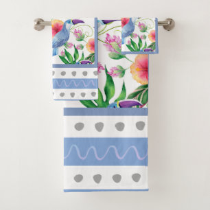 Tropical Birds & Flowers Contemporary Blue Shades Bath Towel Set