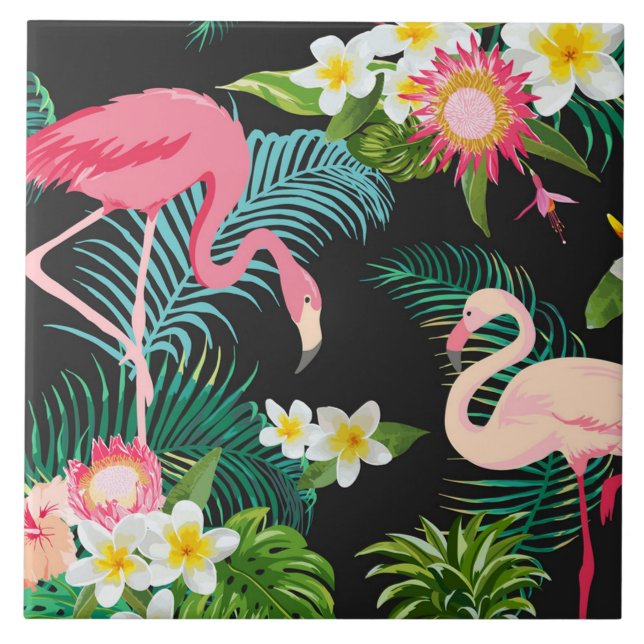 Tropical Birds Flowers Flamingo Watery Landscape Ceramic Tile (Front)