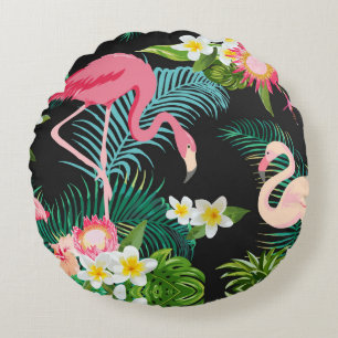 Tropical Birds Flowers Flamingo Watery Landscape Round Cushion