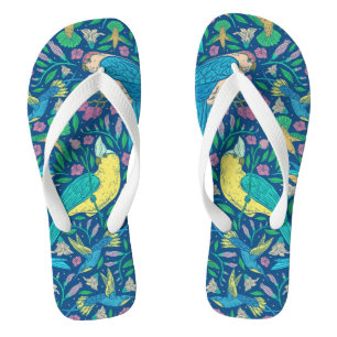 Tropical Birds & Flowers Illustration Pattern Thongs
