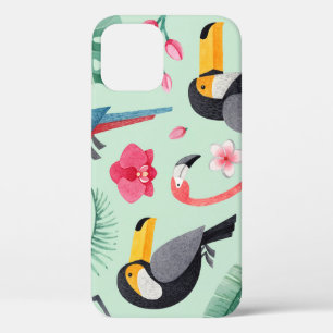 Tropical birds, flowers, watercolor pattern. iPhone 12 case