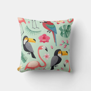 Tropical birds, flowers, watercolor pattern. cushion