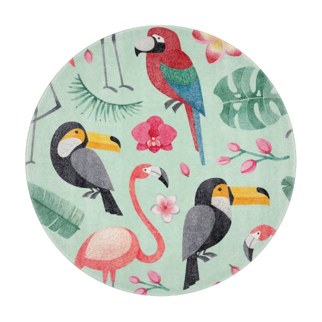 Tropical birds, flowers, watercolor pattern. cutting board (Front)