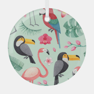 Tropical birds, flowers, watercolor pattern. glass tree decoration