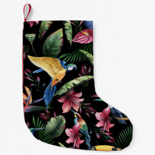 Tropical birds, flowers: watercolor pattern. small christmas stocking