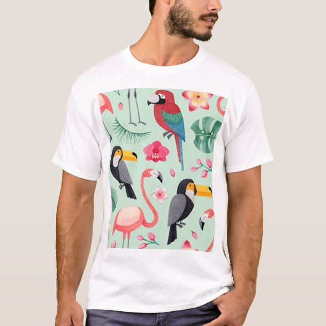 Tropical birds, flowers, watercolor pattern. T-Shirt (Front)