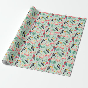 Tropical birds, flowers, watercolor pattern. wrapping paper