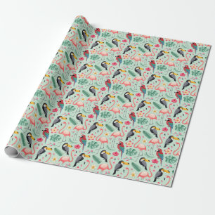 Tropical birds, flowers, watercolor pattern. wrapping paper