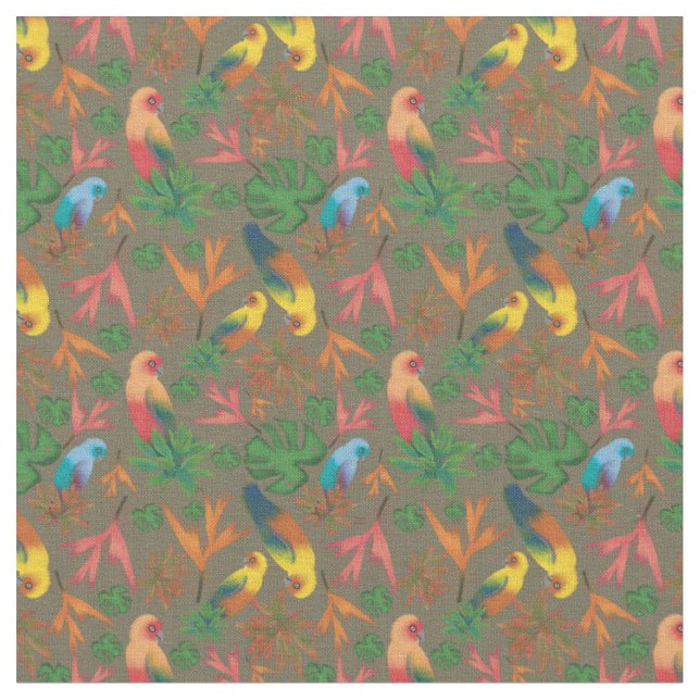 Tropical Birds Green Floral Pattern Fabric (Close Up)