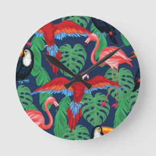 Tropical Birds In Bright Colours Round Clock