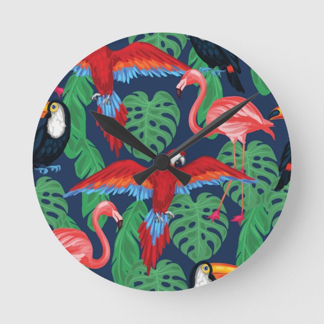 Tropical Birds In Bright Colours Round Clock (Front)