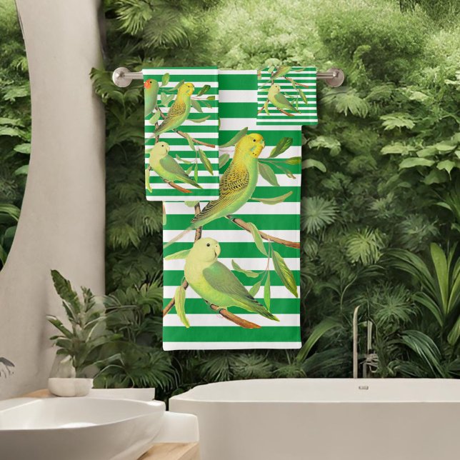 Tropical birds in green white stripes -monogrammed bath towel set (Creator Uploaded)