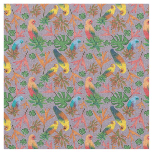 Tropical Birds Lavender Floral Pattern Fabric (Close Up)