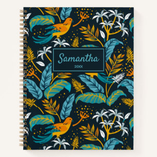 Tropical Birds & Nature Pattern, Yellow & Blue Notebook