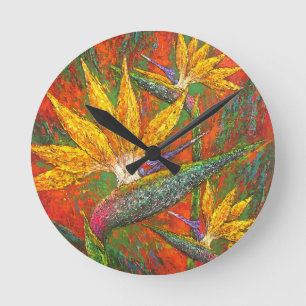 Tropical Birds Of Paradise Flowers Painting Art Round Clock