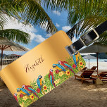Tropical birds parrots gold palm leaves name luggage tag<br><div class="desc">Tropical birds,  parrots in blue,  yellow and red sitting on green palm leaves.  Decorated with tropical flowers. Elegant faux gold metallic looking background. Templates for a name and contact information. Dark red letters.</div>