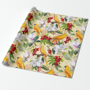 Tropical Birds Parrots Jungle Pattern - Yellow Wrapping Paper