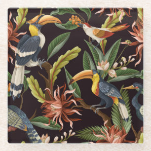 Tropical Birds: Vintage Leaves & Flowers Glass Coaster