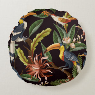 Tropical Birds: Vintage Leaves & Flowers Round Cushion