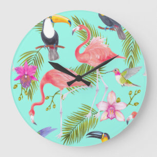 Tropical birds: watercolor seamless pattern. large clock