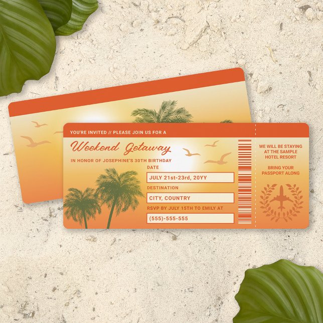 Tropical Birthday Getaway Faux Boarding Pass Invitation (This design is ideal for birthday trips to warm places, weekend getaways, bachelorette trips etc.)