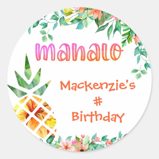 Tropical Birthday MAHALO Thank You Pineapple Classic Round Sticker (Front)