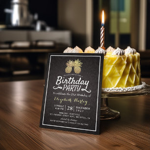 Tropical Birthday Party Chic Black Gold Pineapple Invitation