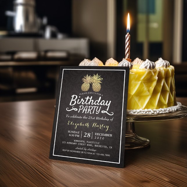 Tropical Birthday Party Chic Black Gold Pineapple Invitation (Creator Uploaded)